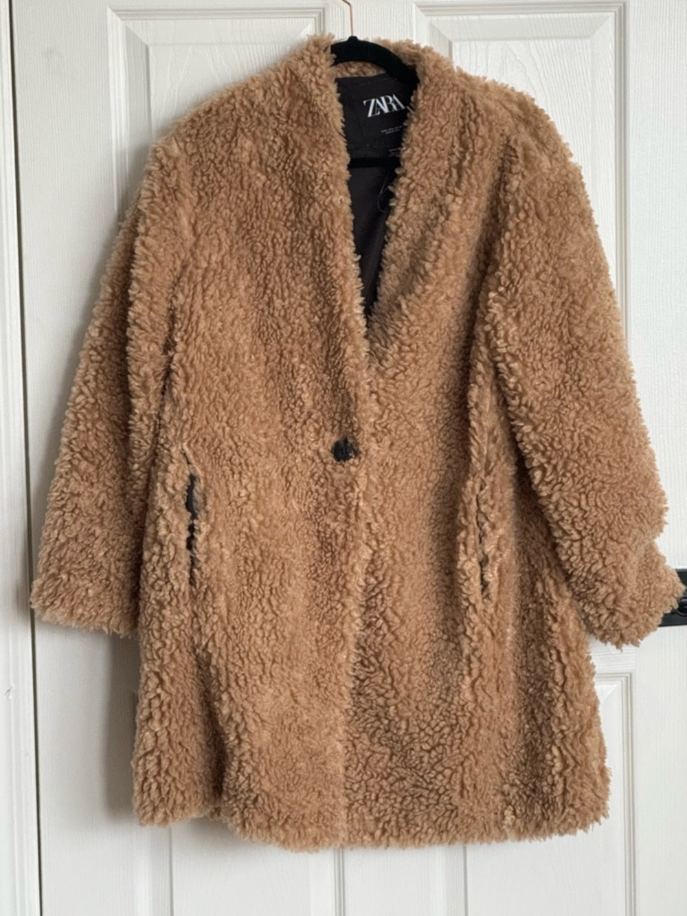 Zara Camel Teddy Shearling Coat - Single Button Plush Jacket